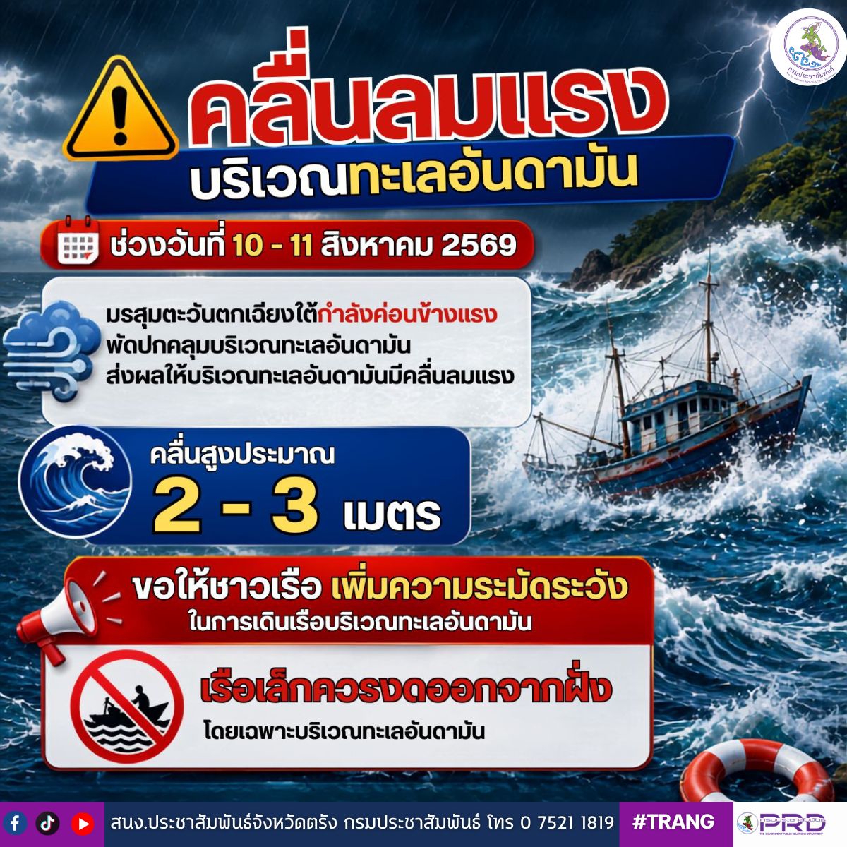 เตือนภัยคลื่นลมแรง 10-11 สค.69