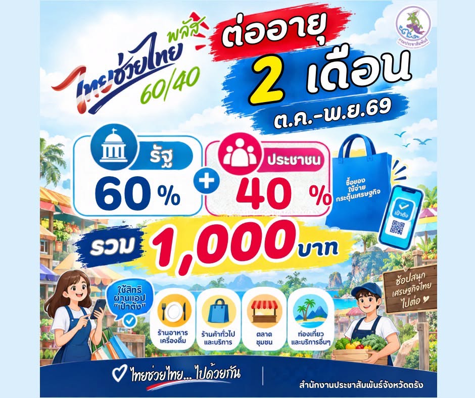 ครม. อนุมัติ ไทยช่วยไทย พลัส (60/40) เพิ่มเติม 1,000 บาท/คน เพิ่มวงเงินผู้มีบัตรสวัสดิการแห่งรัฐ 1 ต.ค. - 30 พ.ย. 69 บรรเทาภาระค่าครองชีพ