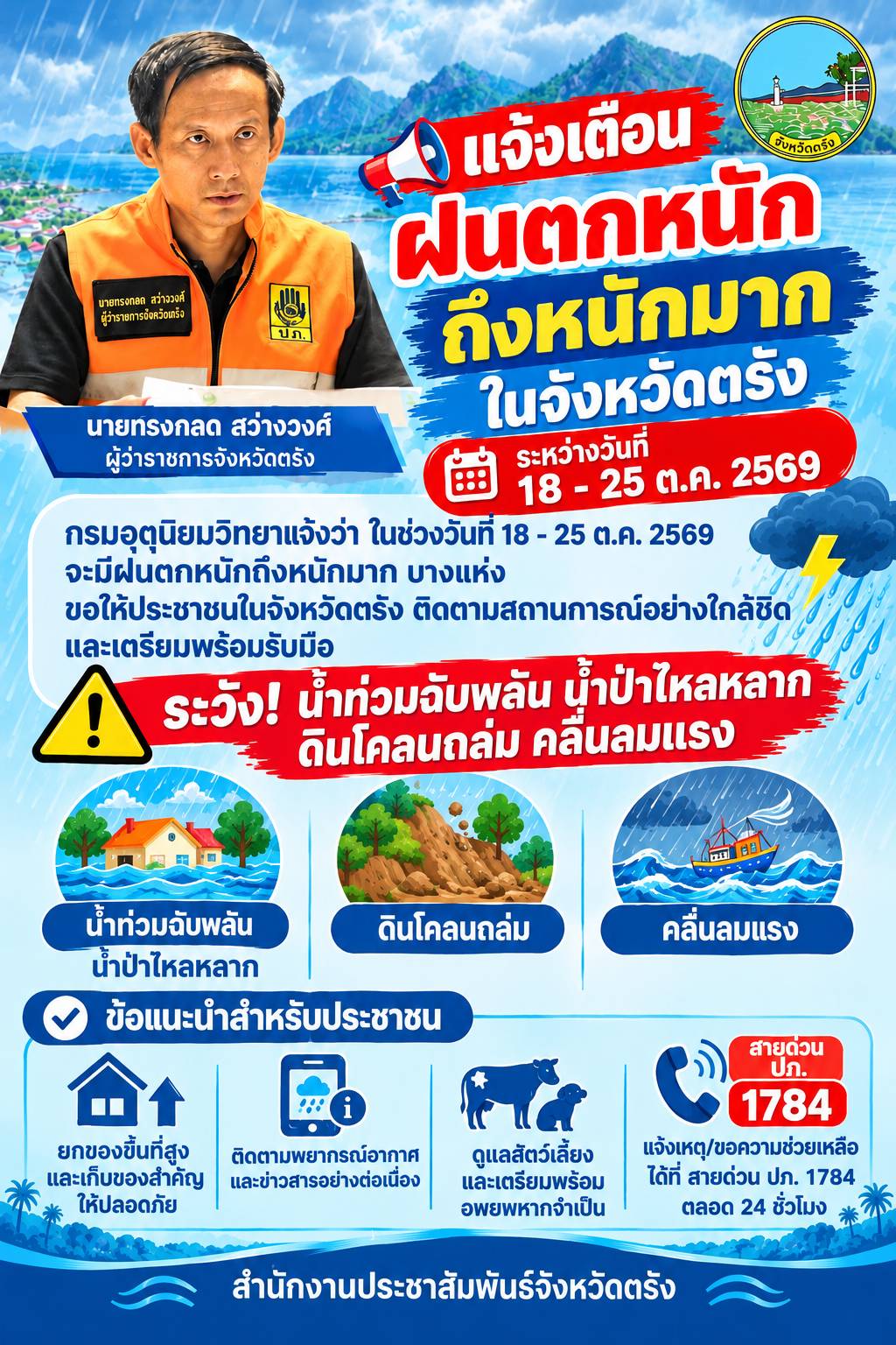 ตรังแจ้งเตือยภัย 18-25 ตุลาคม 2569